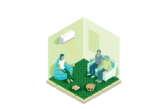 Warmer icon - showing three people sitting in a lounge with a heat pump on